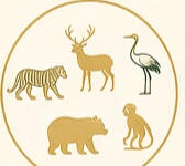 Tijger, hert, kraanvogel, beer en aap voor het Spel van de vijf dieren (Wu Qin Xi)